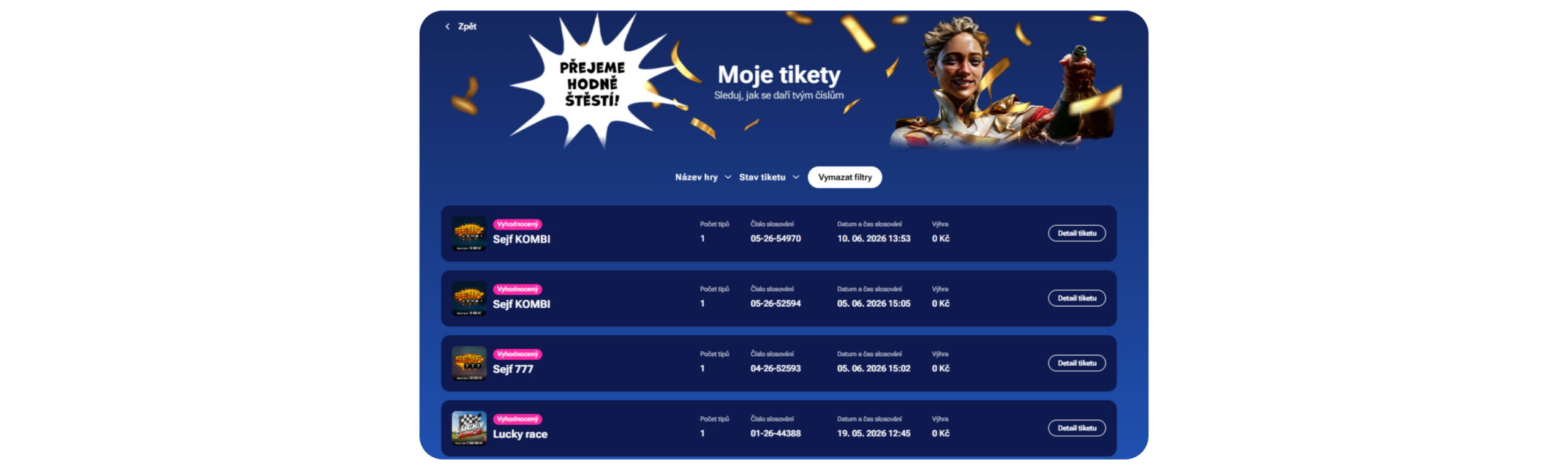 Sekce moje tickety v online kasinu v loterii luckybet,.cz